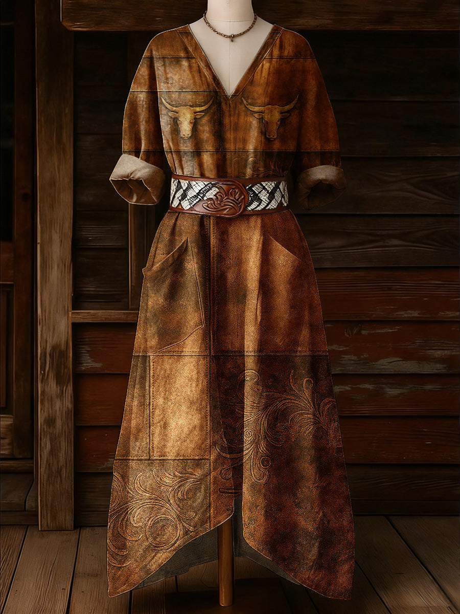 Women's Retro Floral Art Print Casual Vintage V-Neck Pocket Long-Sleeve Maxi Dress
